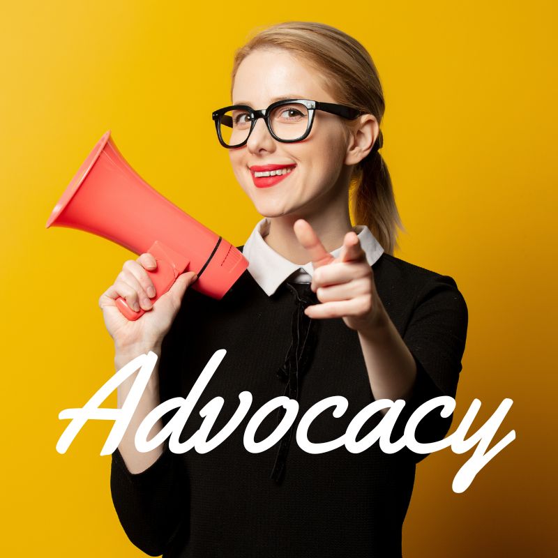 Advocacy text over Image of woman with megaphone